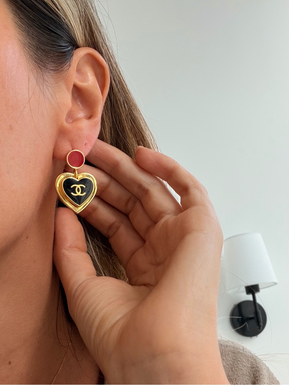 ❤️Chanel Gold and Black Heart Drop Earrings with Red Accents🖤 - Picture 6 of 6